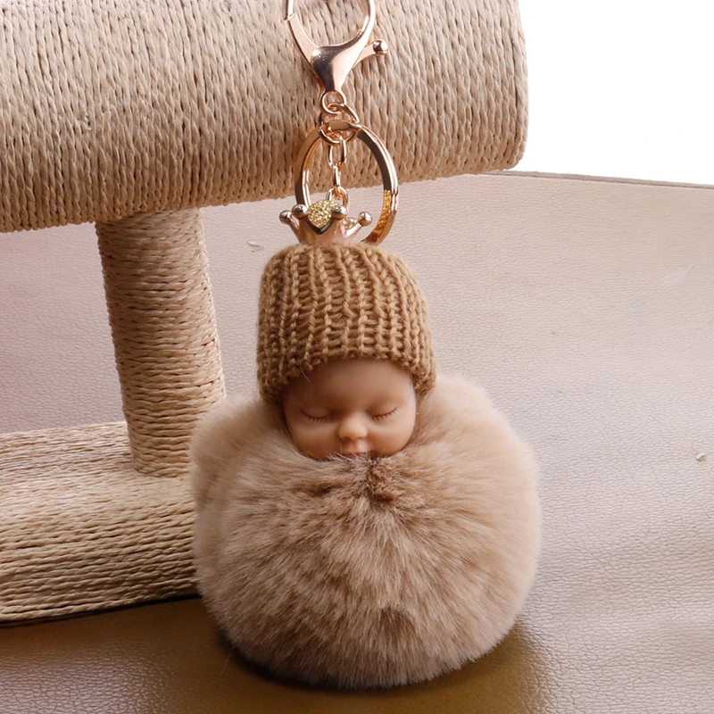 Sleeping Baby Doll Keychain Faux Fur Ball Car Keyring Crown Toy Key Holder Bag Pendant Charm Good Detail Accessories 6C0835 | Украшения и