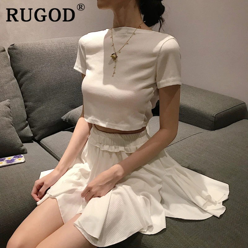 Женский костюм с юбкой RUGOD белый со шнуровкой и оборками в Корейском стиле летняя