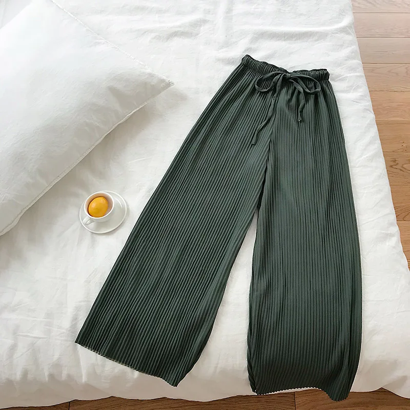 

High waist hanging wide long pants female 2019 spring summer new solid color elastic waist tie casual women pants girl