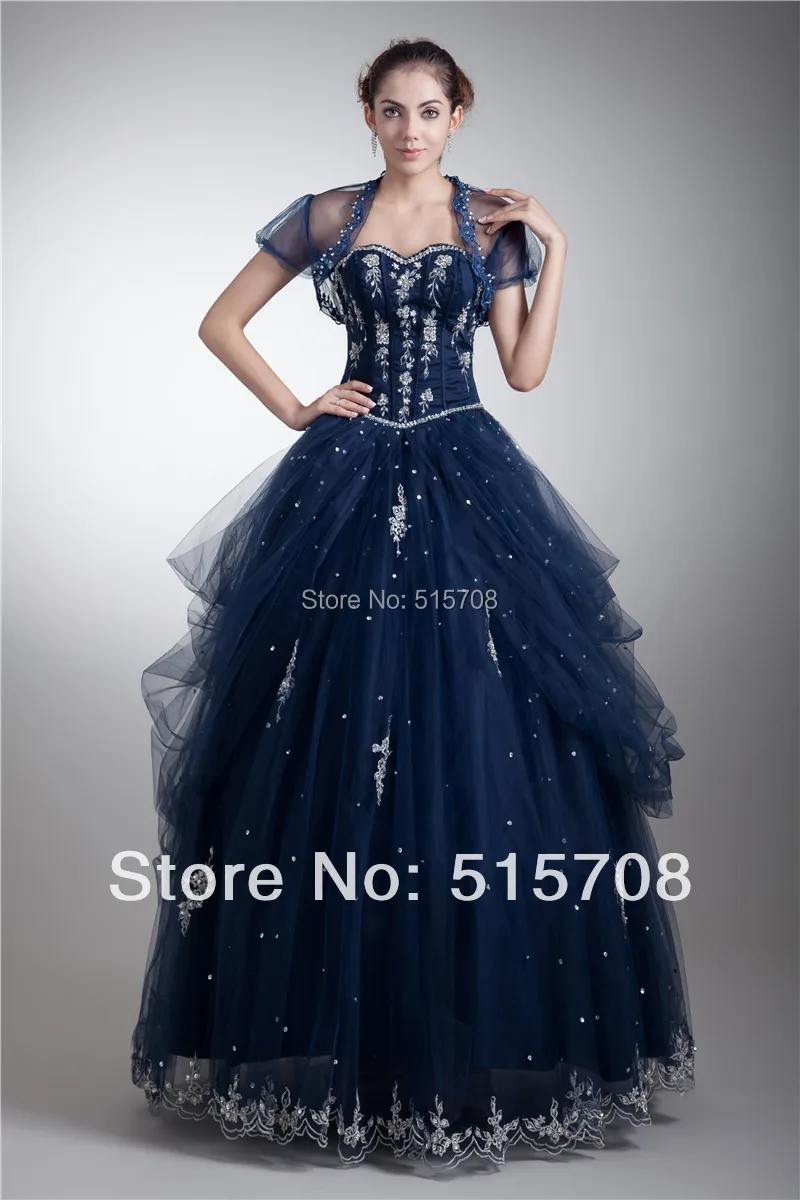 

Navy Blue Beadings Sweetheart Backless Prom Gowns Formal Evening Dresses Quinceanera Gowns With Free Jacket Custom Make