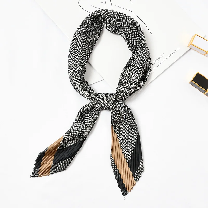 

Classic Houndstooth Small Pleated Neck Scarf Women Chic Diamond Silk Bandana Crinkle Design Office Lady Headwear [3954]