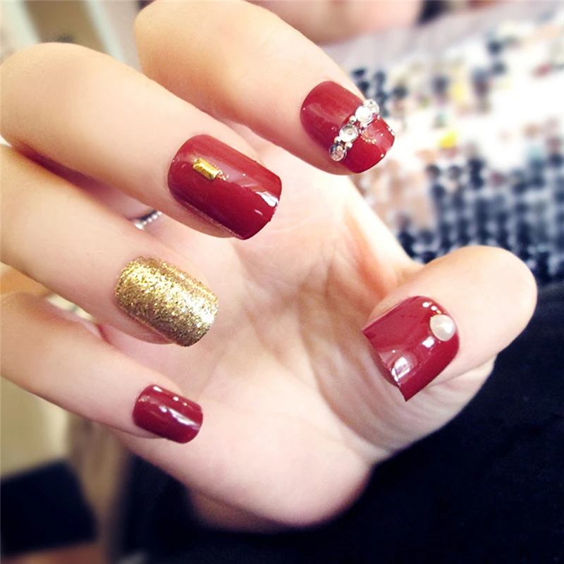 24 Pcs Acrylic Fake Fingernails Full Cover False Dark Red Nail Art DIY Display | Красота и здоровье
