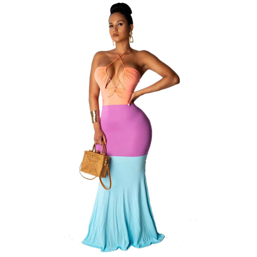 2020 New Women Summer Strapless Halter Dresses Backless Lace Up Bodycon Mermaid Maxi Dress Sexy Party Club Long Vestidos | Женская