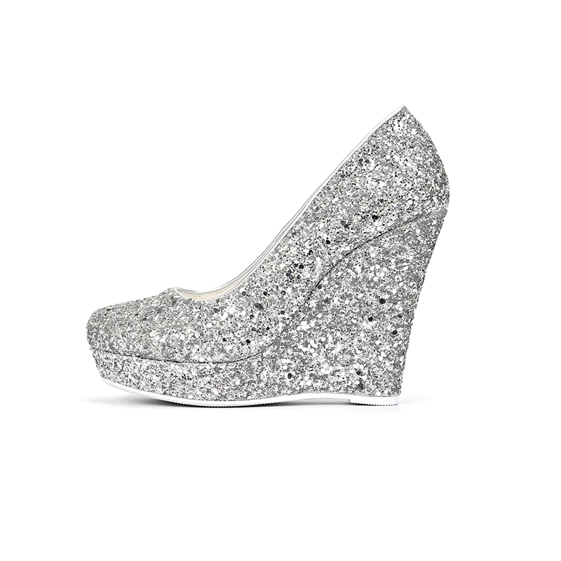 Женские туфли на танкетке серебристые Туфли с круглым носком и блестками размеры