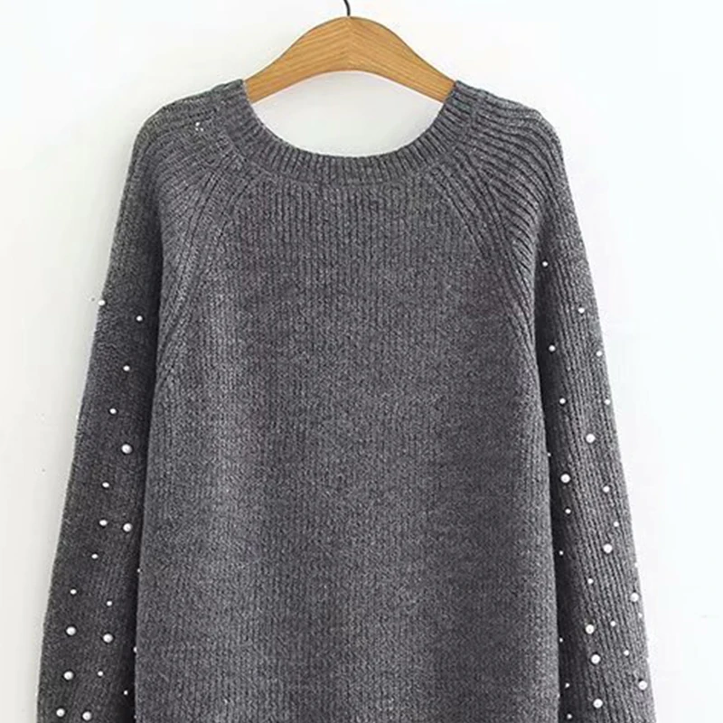 Большой размеры свитер с бусами для женщин О образным вырезом сплошной