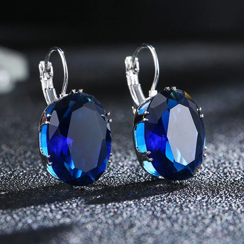 Royal Blue Новые модные серебряные серьги Овальные капли воды 5 цветов большие циркониевые камни Висячие серьги для женщин Подарки на день Святого Валентина - Окраска металла: Royal Blue