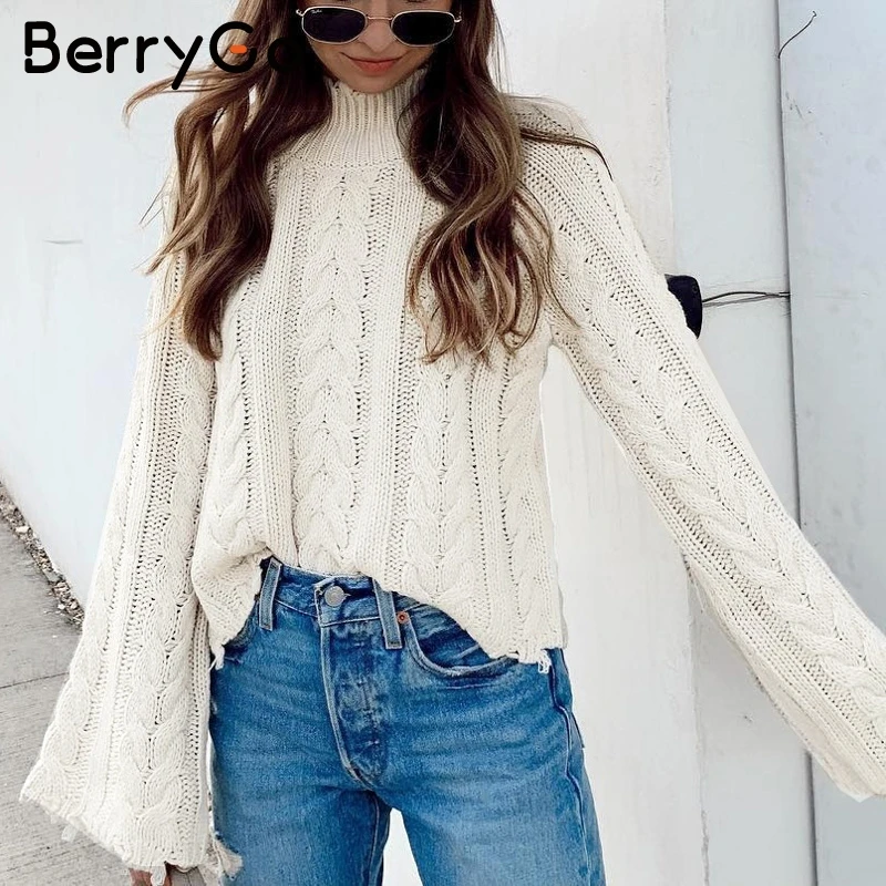 BerryGo White turtle neck women sweater Flare sleeve tassel female knitted pullovers jumper Autumn winter ladies sweaters 2019 | Женская