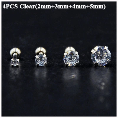 4PCS Clear 4 шт смешанные размеры хирургическая сталь круглый кристалл опал Спиральные серьги Tragus верхнее ухо Серьги губная серьга-гвоздик серьги пирсинг ювелирные изделия - Окраска металла: 4PCS Clear