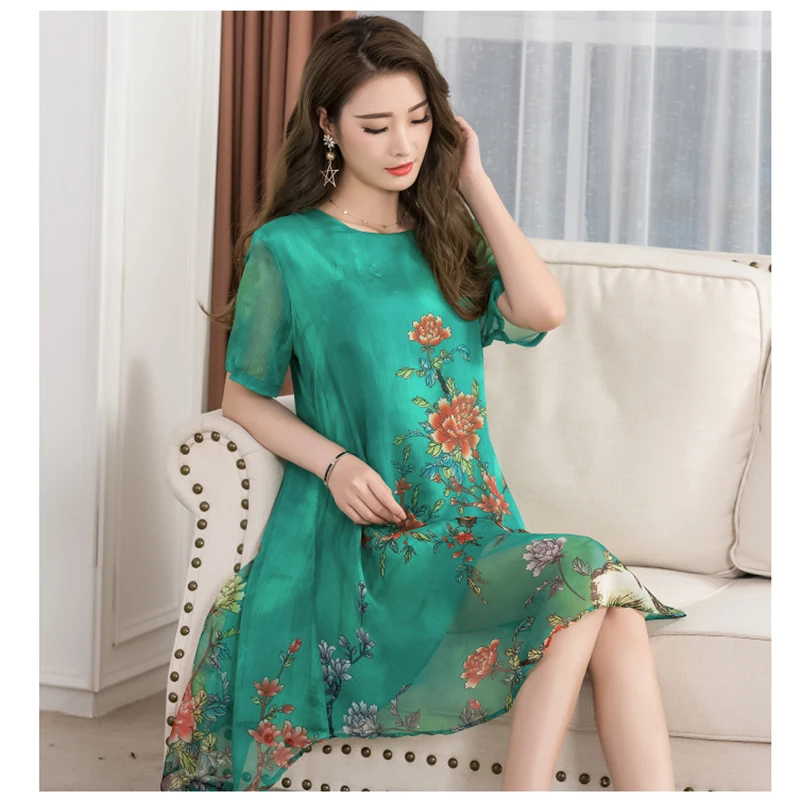 Женское шифоновое платье с цветочным принтом круглым вырезом и коротким рукавом