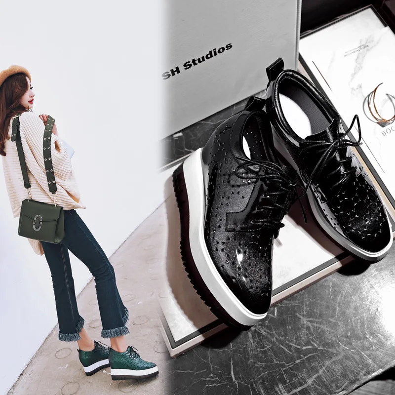Hidden Heel Platform Shoes Women Square Toe Lace-Up Green Black Patent Leather Thick Soled Woman 2017 Spring New All Match | Обувь