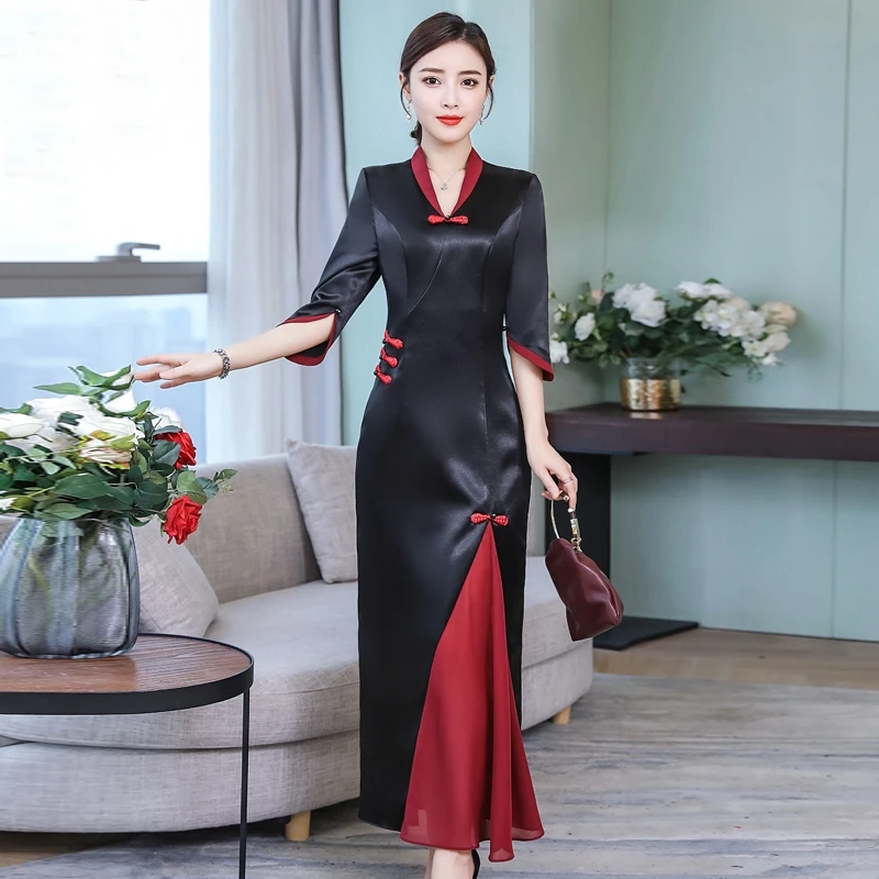 Традиционное китайское вечернее платье черные вечерние платья Cheongsam вьетнамское