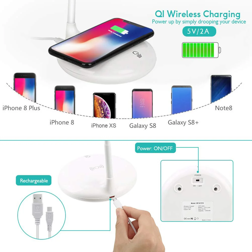 

LED Desk Lamp with Wireless Charging Function Adjustable 3 Brightness Levels Eye-caring Table Lamps DC120