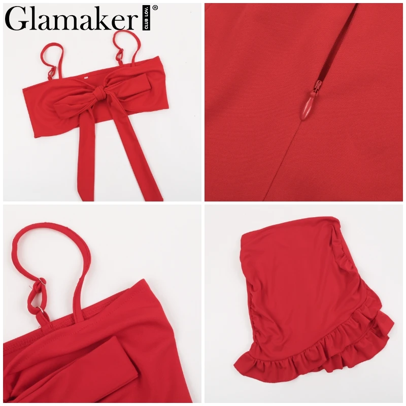 Glamaker, гофрированное красное женское платье, сексуальное, v-образный вырез, вечерние, пляжное платье, летнее, с бантом, облегающее, короткое платье, женское платье, vestidos