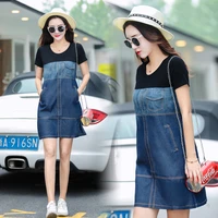 new summer style women dress plus size casual loose slim fashion o neck patchwork jeans dress for women larger denim one piece