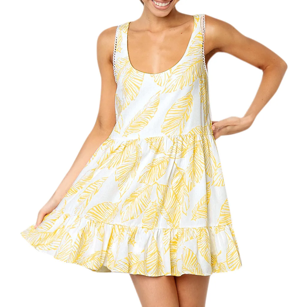 Женское мини-платье без рукавов винтажное платье с принтом в виде листиков и