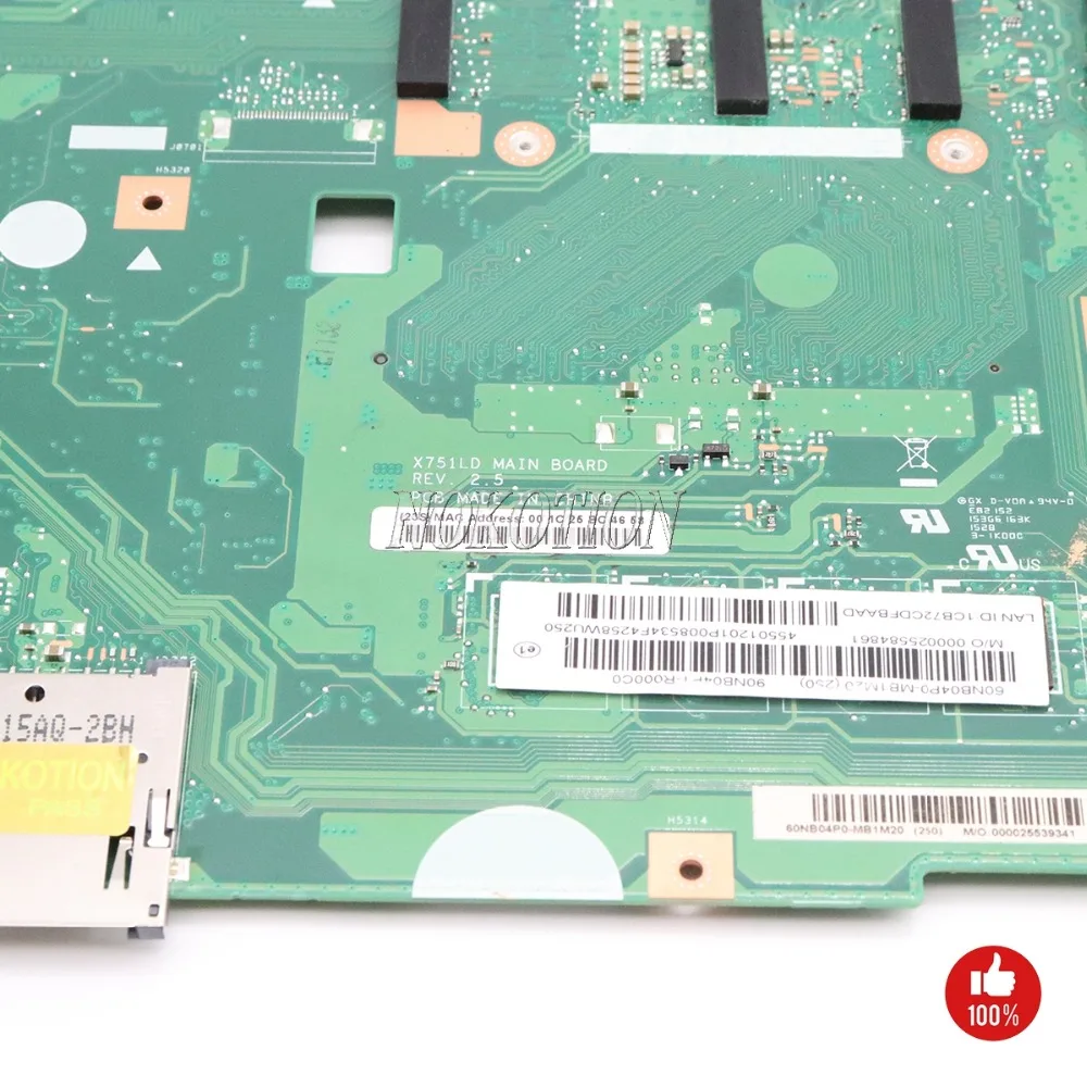 NOKOTION 60NB04P0 MB1M20 для asus X751LD X751L K751L K751LN X751LK материнская плата ноутбука REV 2 5 SR244 I3 5005U CPU