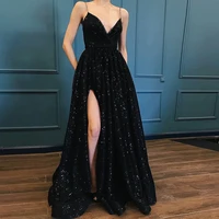 robe de soiree evening dress 2020 sequins v neck elegant long formal dress spaghetti straps side slit vestido de festa abiye