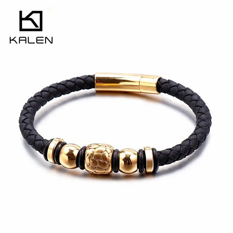 KALEN Boho Genuine Braied Leather Wrap Bracelet Men 21.5cm Stainless Steel Gold Black Beads Charm Wristband Male Jewelry | Украшения и