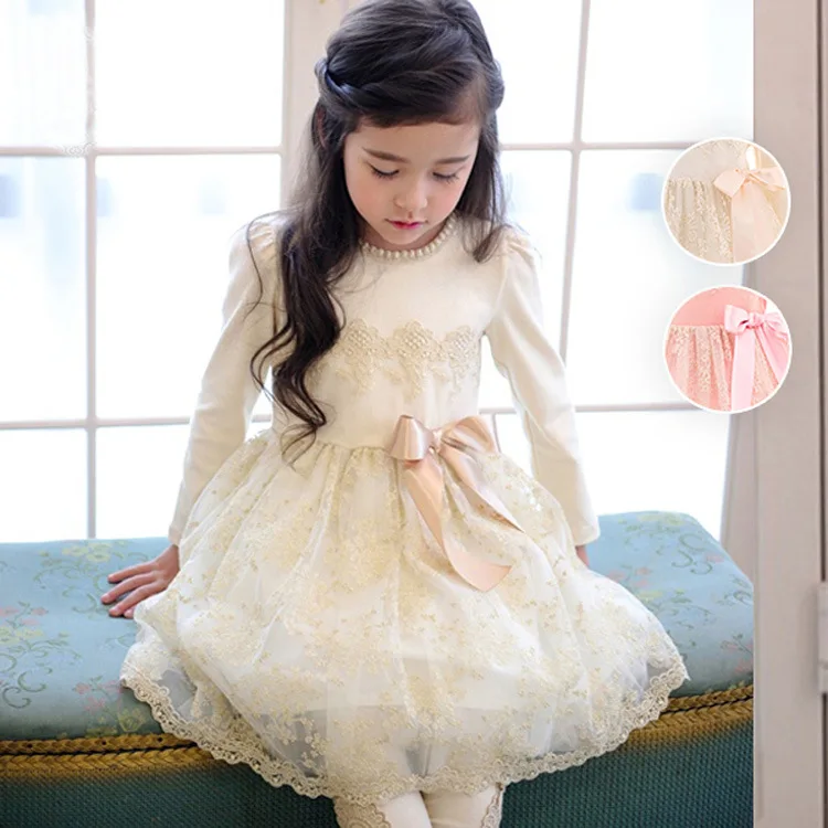 2019 Spring Toddler Kids Girls Dress Long Sleeve Pearls Lace Wedding Party Pageant Embroidery Dresses with Big Bow 4-7Y | Детская одежда