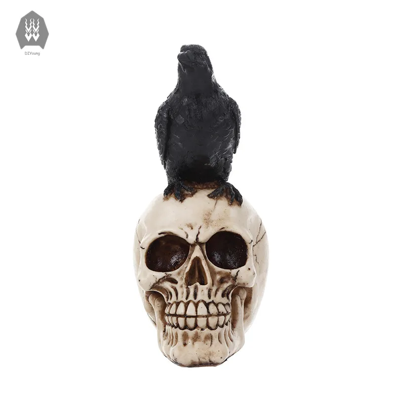 

Resin Craft Statues For Decoration Skull Head Human With Crow Creative Skull Figurines Sculpture Ornament Home Decor