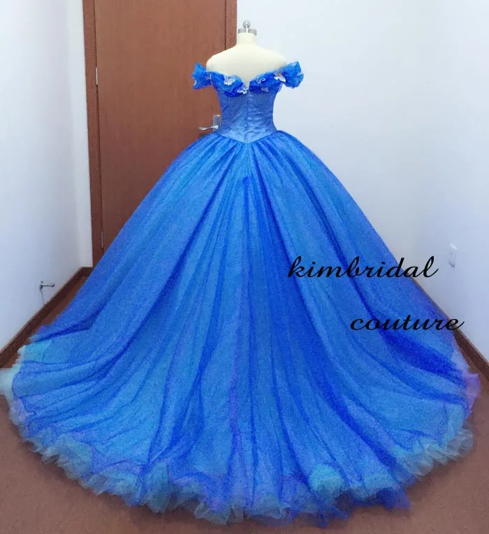 Actual Image Evening Dresses Gowns Court Train Off the Shoulder Butterfly Blue Ball Gown Cinderella Prom Dresses Real Picture