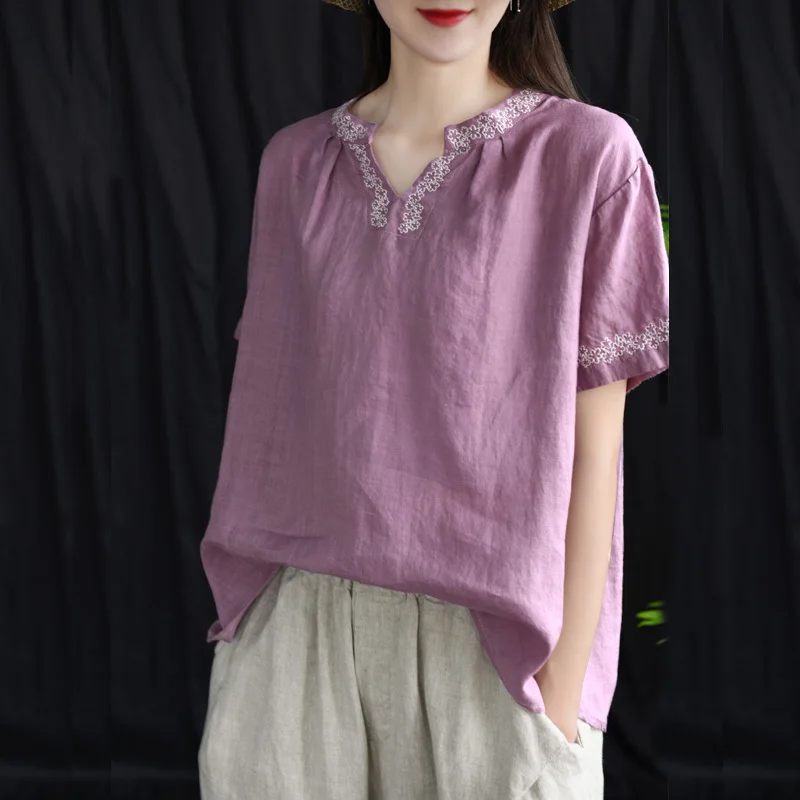 Женские одноцветные винтажные футболки с коротким рукавом и цветочной вышивкой
