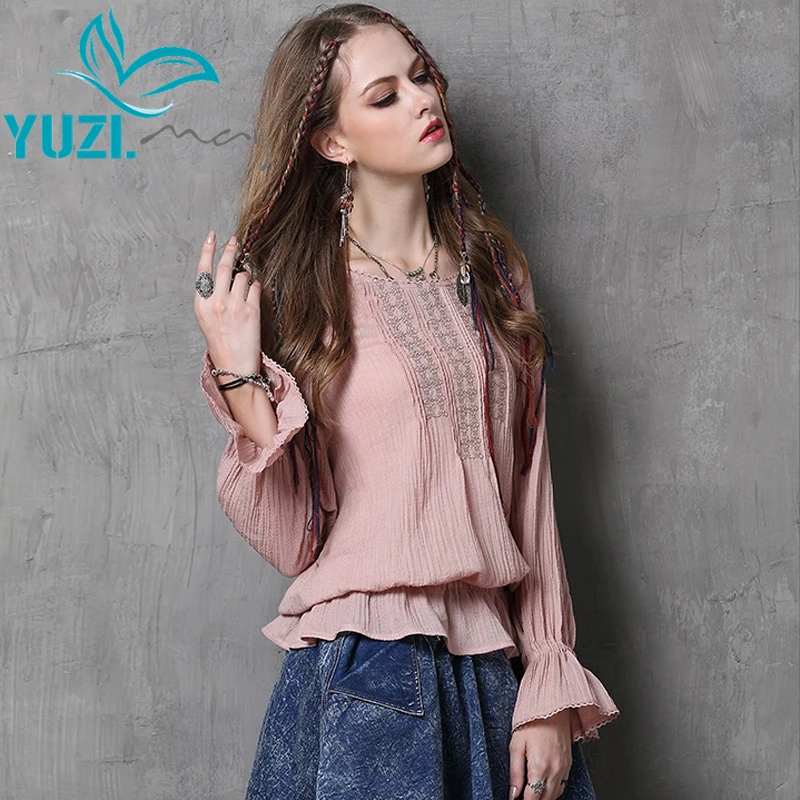 Blusa Feminina Yuzi осень винтажный хлопок блузка с круглым вырезом вышивка рукав бабочка