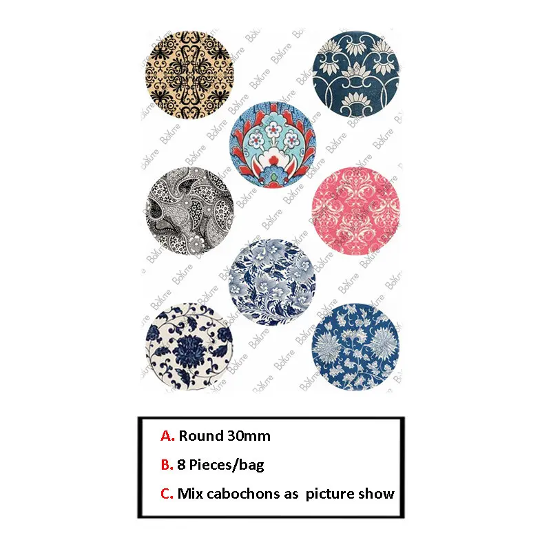30MM 8Pieces A BoYuTe круглый 8 10, 12, 14, 15, 16, 18, 20, 25 30 мм Цветок Круглый Кабошон Винтаж ручной работы изображение Стекло Кабошон Выводы - Цвет: 30MM 8Pieces A