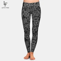 2019 new fashion women high waist plus size black leggings 3d printing flowers pattern milk silk leggings hot sale
