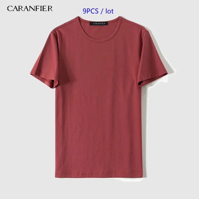 CARANFIER 9 шт. Футболка мужская хлопковая Однотонная футболка o-образным вырезом с коротким рукавом мужские футболки летние мужские повседневные новые брендовые Топы - Цвет: Красный