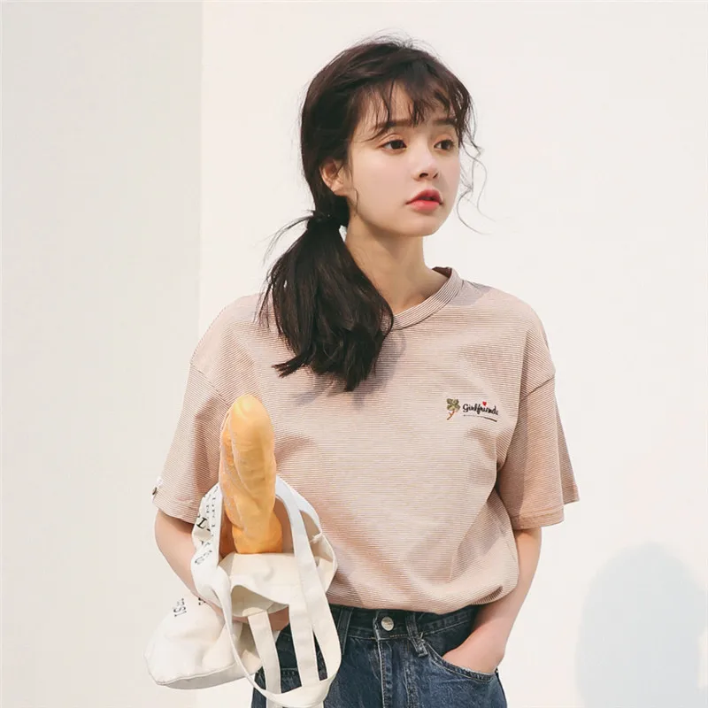 Summer New Embroidered Stripe T-shirt 2020 Women's T-shirts Japan Harajuku Ladies Ulzzang Female Korean Kawaii Tops For Women | Женская