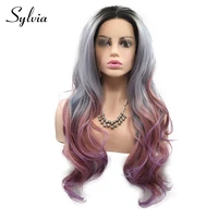 sylvia gray multi color synthetic lace front wigs with dark roots body wave middle part long heat resistant fiber hair for women