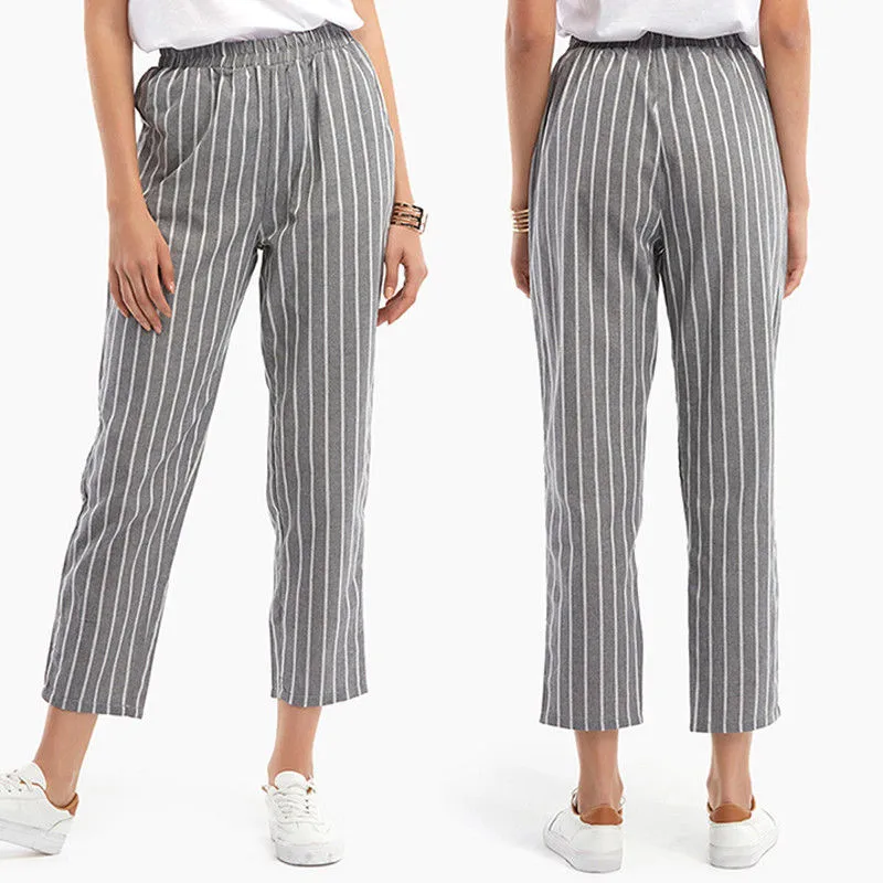 

Women High Waisted Harem Stripe Pants Elastic Waist Cotton Linen Casual Loose Trousers Ladies Elastic Waist Loose Harem Trousers
