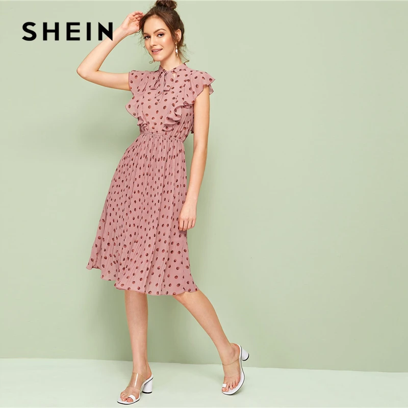 SHEIN розовое Плиссированное летнее платье миди в горошек с завязками на шее и рюшами, женское платье с рукавом-крылышком и стоячим воротником, винтажные платья в стиле ампир