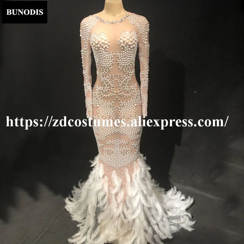 

ZD27102 Hot Sell Net Yarn Series White Feather Sexy Long Tail Skirt Sparkling Crystals Bling Pearls Fashion Show Nightclub Party