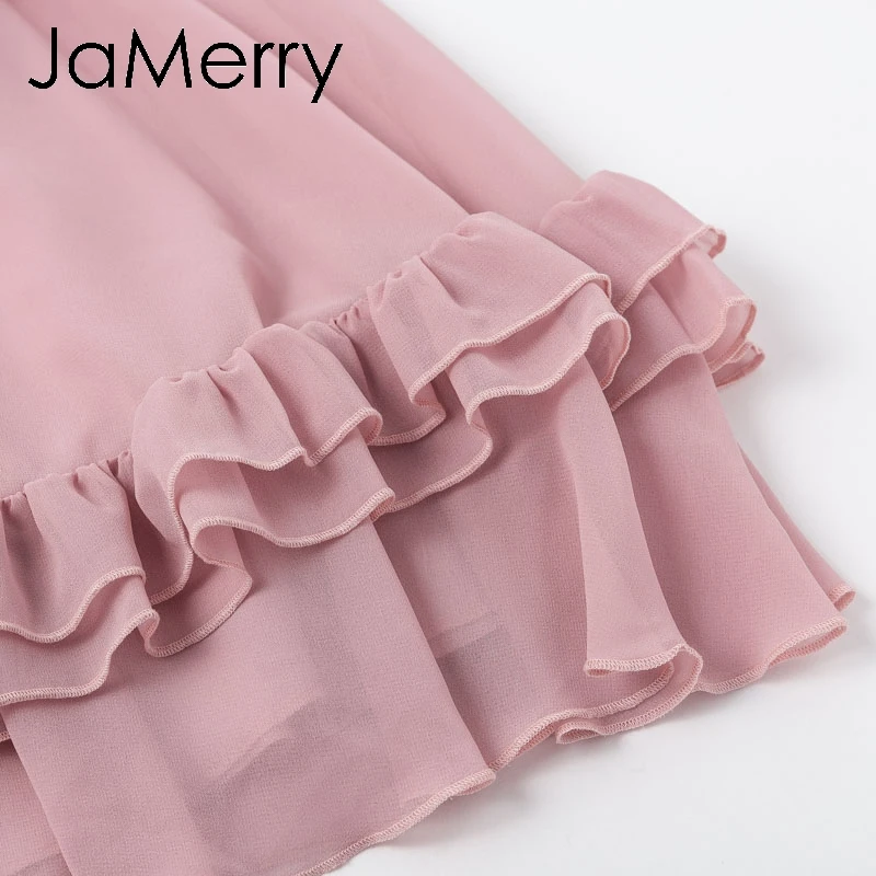 JaMerry, сексуальное женское мини-платье с оборками и открытыми плечами, летние платья на бретельках, праздничные пляжные женские розовые короткие сарафаны