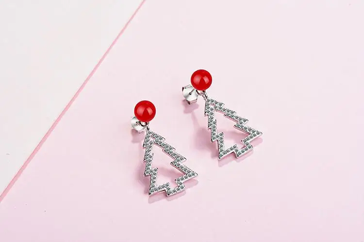 Trendy Christmas Tree Plastic Pearl 925 Sterling Silver Ladies Stud Earrings Original Jewelry For Women Anti Allergy Gift - Окраска металла: red pearl