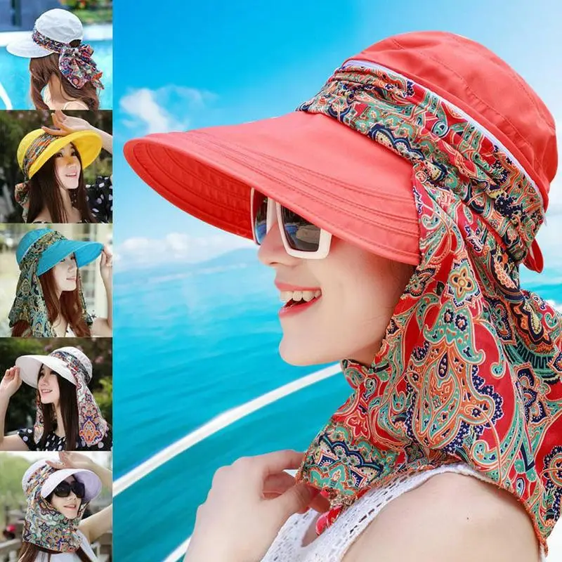 Lady Women Summer Outdoor Hat Cap Riding Anti-UV Sun Hat Beach Foldable Sunscreen Floral Print Caps Neck Face Wide Brim Hat