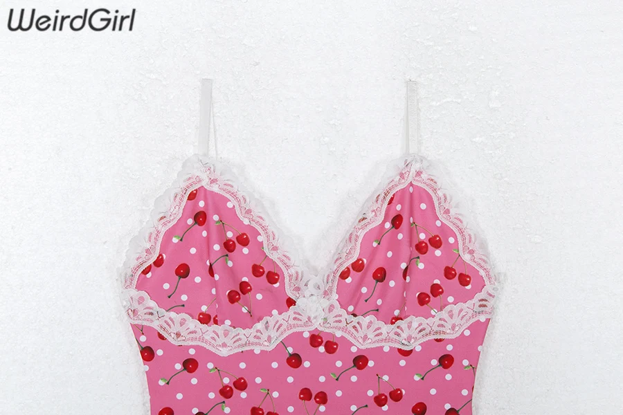Weirdgirl women lace up cherry dot print sexy dress slip slit cute girl pink vestidos sleeveless v-neck bodycon femme short mini