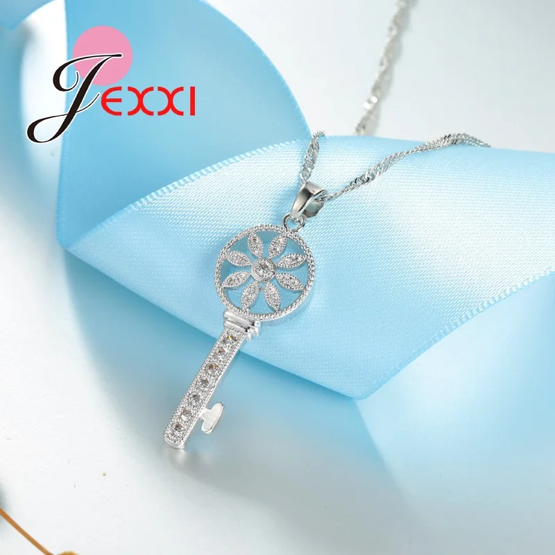 

Vintage Flower Key Pendant Necklaces Earrings Jewelry Set For Women Fashion Brides 925 Sterling Silver Key Wedding Sets