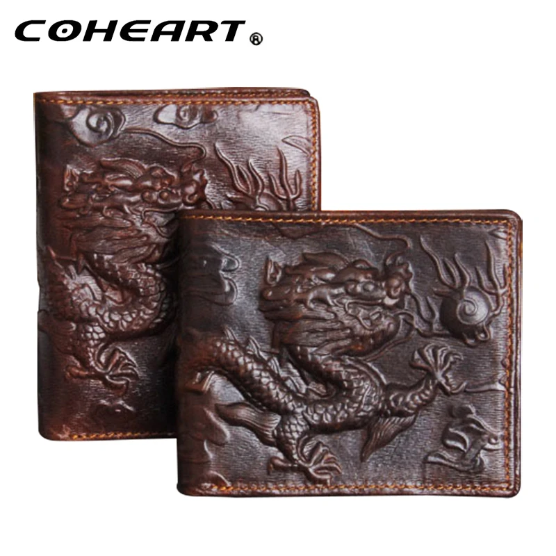 Мужской кошелек из натуральной кожи с драконом модный темно коричневый