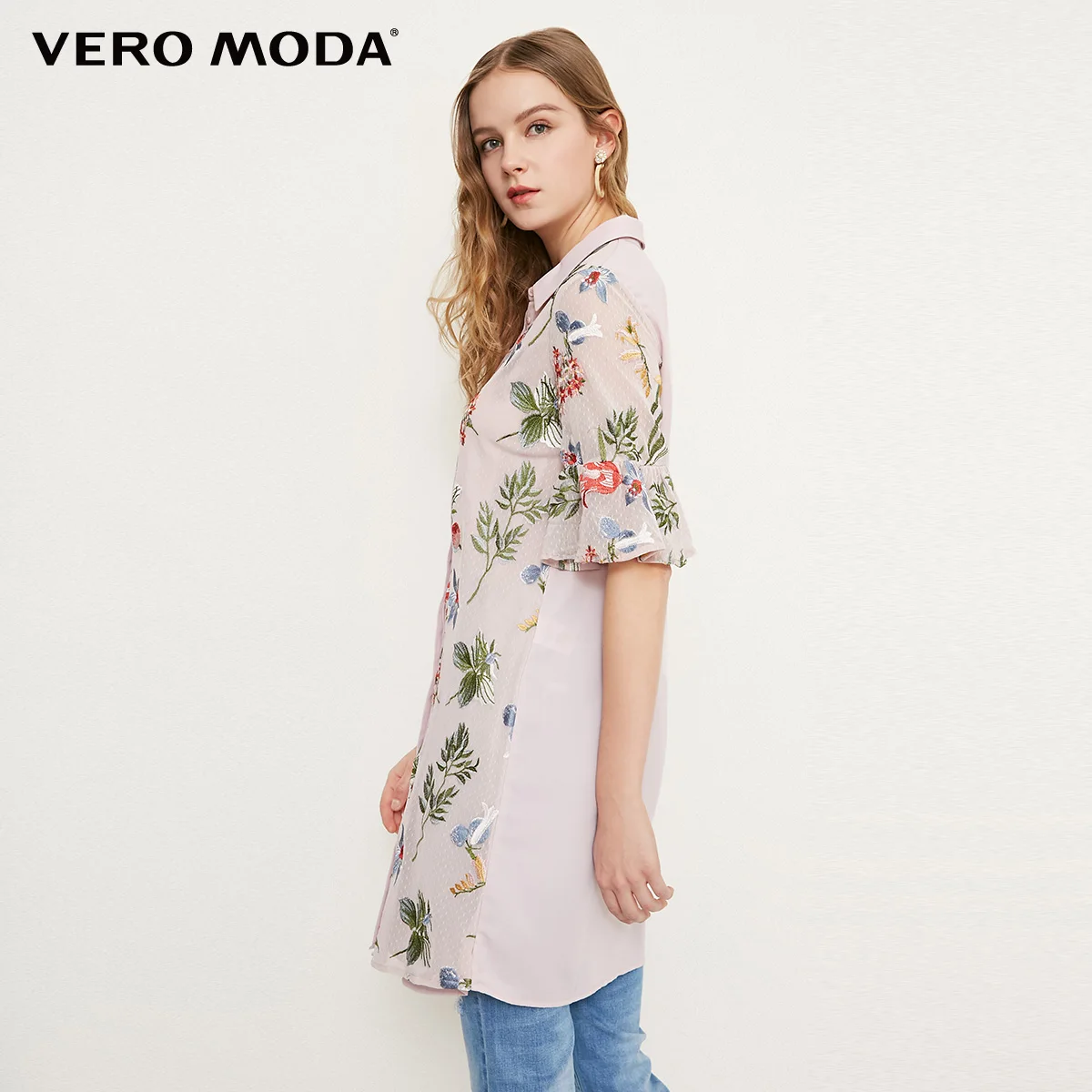 VeroModa 2019 весна лето новый женский отложной воротник с принтом локоть расклешенные