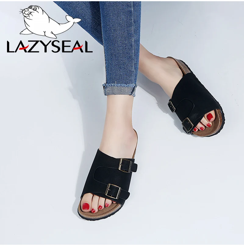 LazySeal/летние пробковые тапочки, женская обувь с пряжкой, шлепанцы, женская обувь, сандалии, вьетнамки, пляжные сандалии на плоской подошве на каблуке, большой размер 44