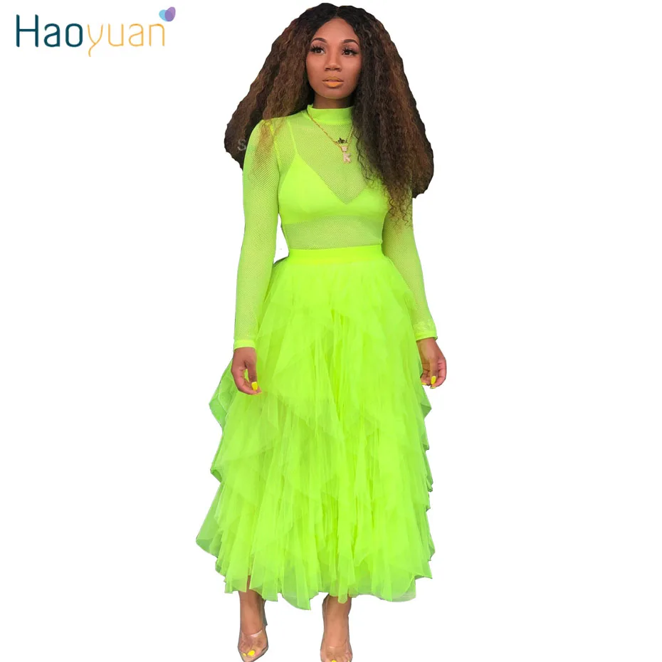 HAOYUAN, неоновые, зеленые, черные, сетчатые, прозрачные, макси юбки, для женщин, высокая талия, каскадные, с рюшами, летние, необычные, милые, длинные, фатиновые юбки