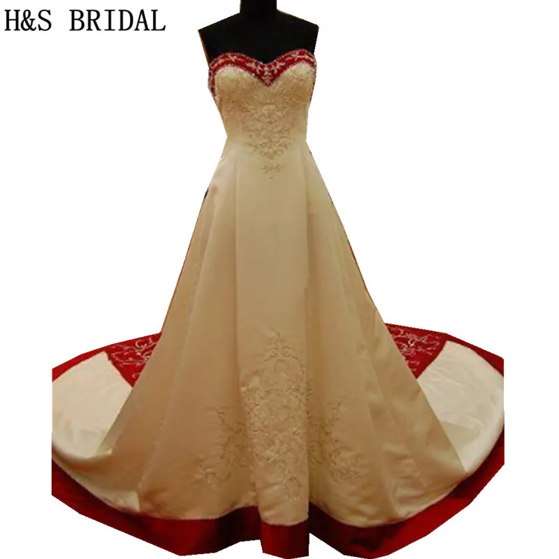 

New Arrival Sweetheart Off Shoulder Satin Beaded Wedding Gown Embroidered White Ivory Red Wedding Dresses