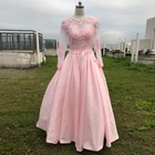 Розовое ТРАПЕЦИЕВИДНОЕ ПЛАТЬЕ длиной до пола, платье для выпускного вечера с круглым вырезом, длинным рукавом, кружевной аппликацией, бисером, вечернее платье из тафты, длинное платье De Mariee