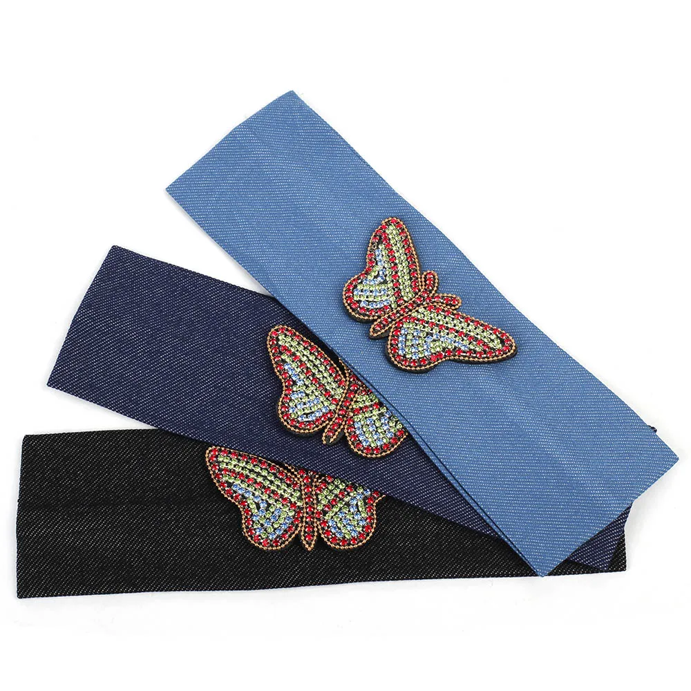 Головная повязка Geebro из денима для женщин и девочек, украшенная бабочками и стразами, простые плоские ободки для волос, женская модная турбан DZ730.