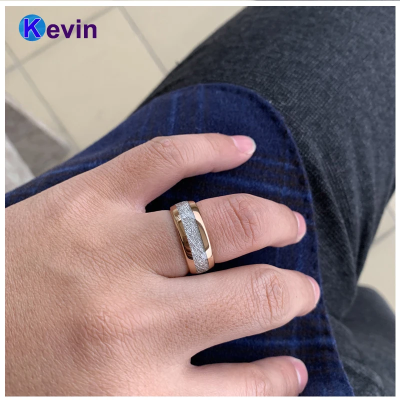 Розовое золото женские мужские Weding Band вольфрамовое кольцо купольная полоса белый метеорит инкрустация