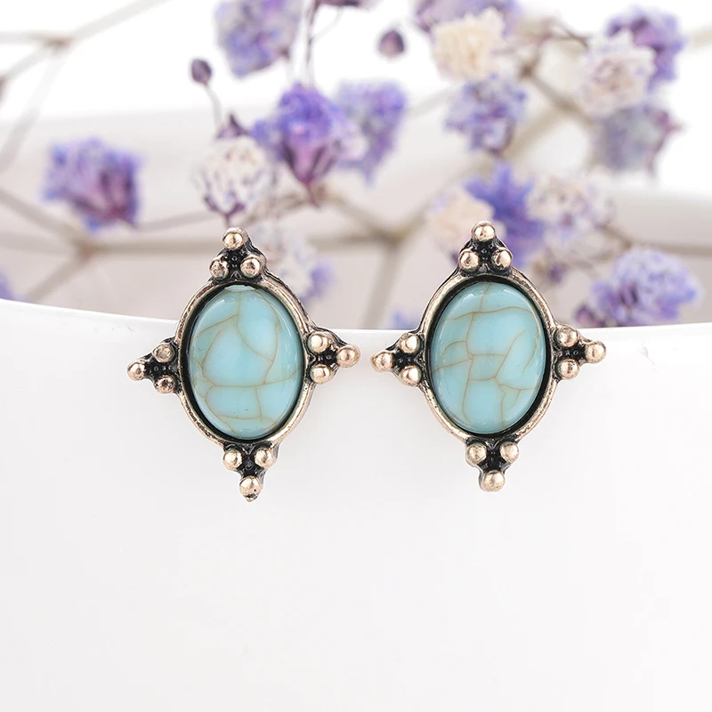 Vintage Geometric Acrylic Stud Earrings For Women Metal Fashion Jewelry Square Waterdrop Stone Flower Small Femme Gifts | Украшения и