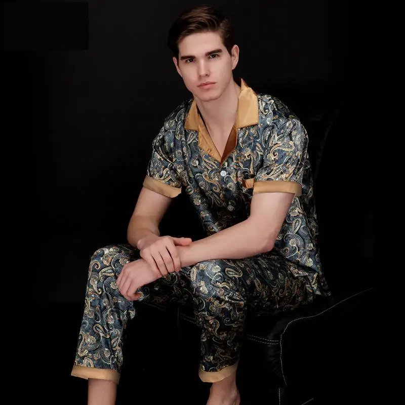 

Mens Rayon Silk Pajamas Set Summer Short Sleeve Silk Satin Nightwear Sleepwear Home Clothes Male